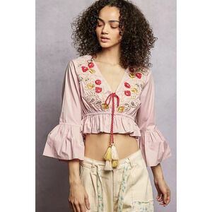 POL Floral Embroidered Cropped Blouse with Flared Ruffle Sleeves